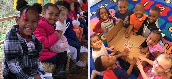 pre-k students on a hayride and opening a box
