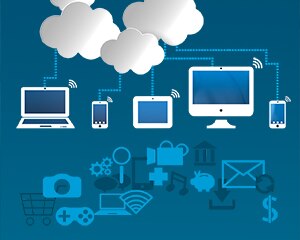 various digital devices and mediums with lines up to clouds to represent cloud technology