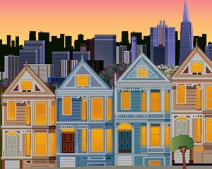 houses by a city sunset
