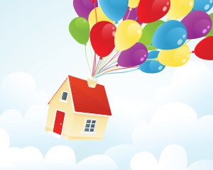 gráfico de una casa siendo tirada hacia el cielo por globos