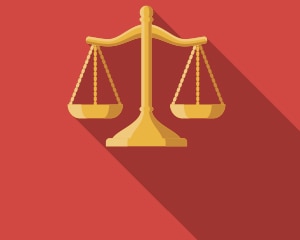 Graphic of justice scales on red background