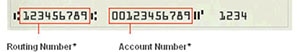Routing number at bottom left of check and account number to the right of Routing Number.