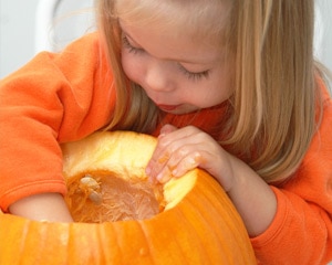Photo of a little girl cleaning out the inside of a pumpkin with her hand