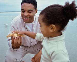 A father showing his young daughter a starfish on the beach