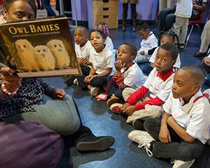 adulto lee un cuento a un grupo de niños en un ambiente de aula.