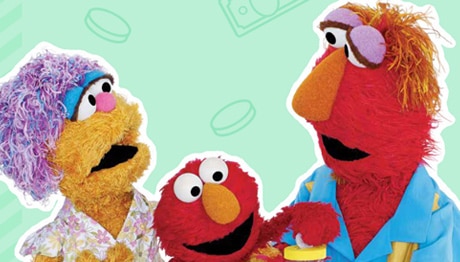 Elmo, surrounded by family, adds coins to a jar