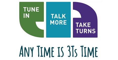 3Ts logo of quotation marks and square with text: tune in, talk more, take turns. Any time is 3ts time.