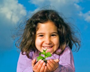 Young girl holding seedling