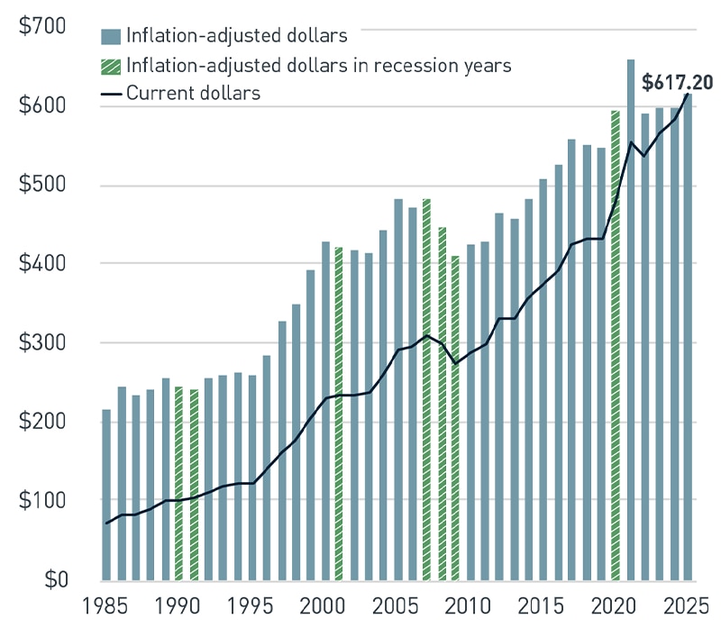 visual display of investment returns versus spending policy and long-term objectives