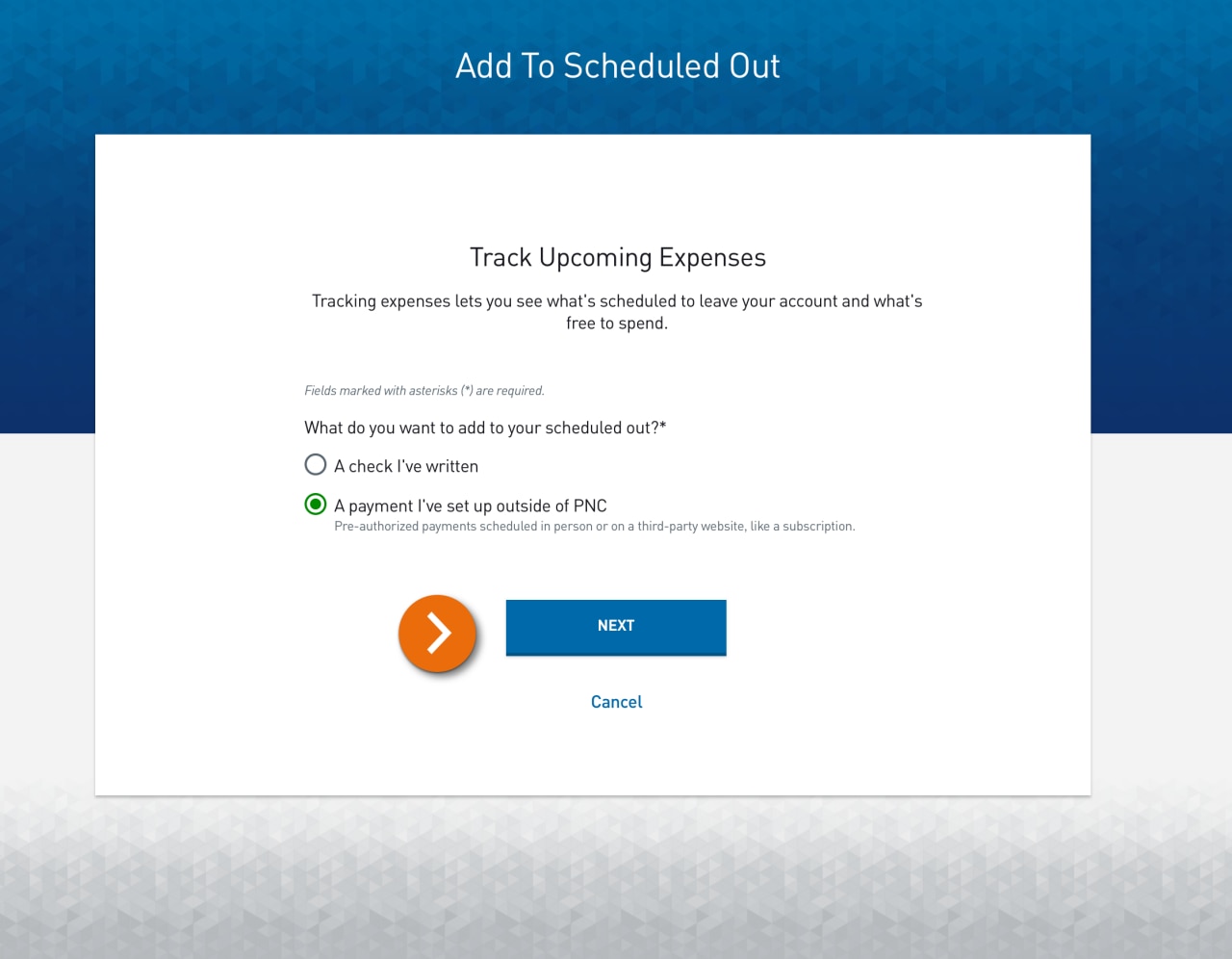 Screenshot of the Add To Scheduled Out page with radio button selections for new Calendar items and the “A payment I've set up outside of PNC" button selected.​
