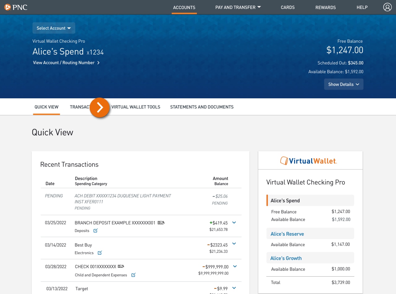 Screenshot of the Quick View page with focus on Money Bar.​