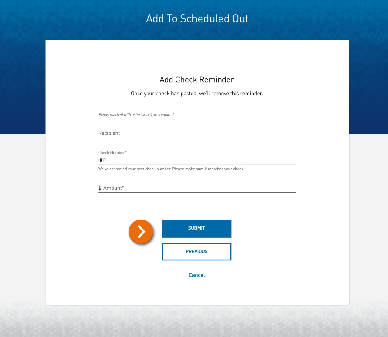 Screenshot of the Add to Scheduled Out form with input fields for the check details. ​