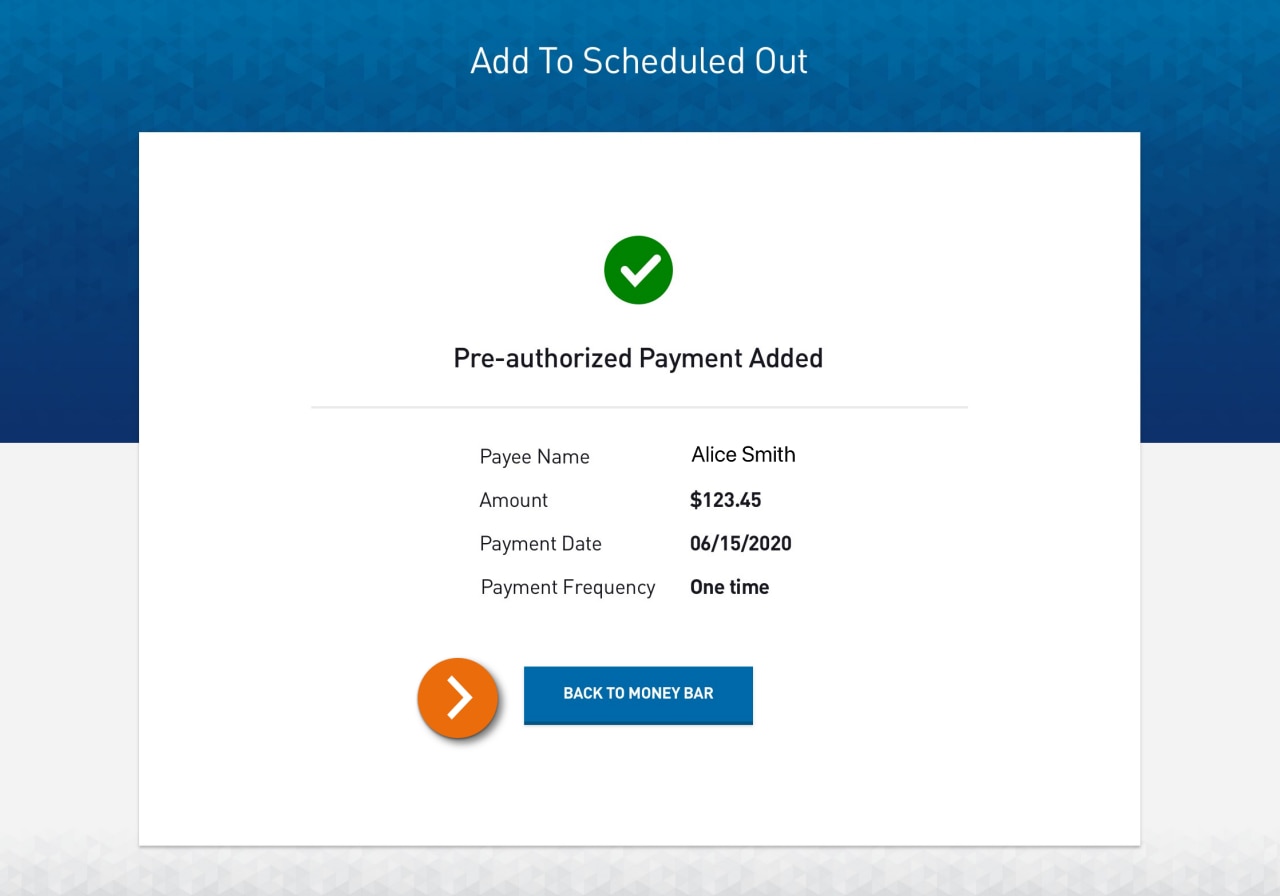Screenshot of the Add to Scheduled Out form displaying a success message confirming Pre-authorized Payment Added​