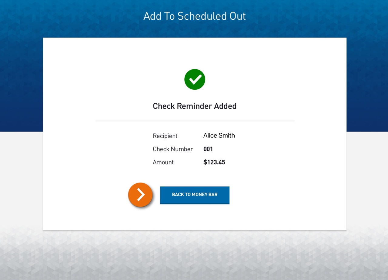 Screenshot of the Add to Scheduled Out form displaying a success message confirming Check Reminder Added​