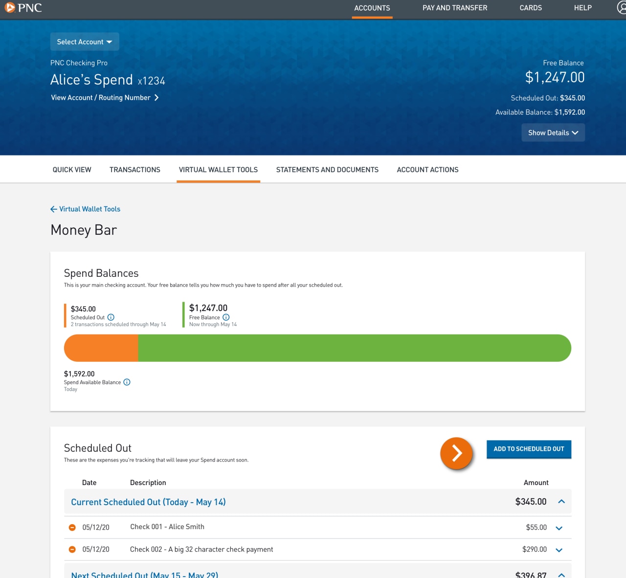 Screenshot of the Virtual Wallet Money Bar page​