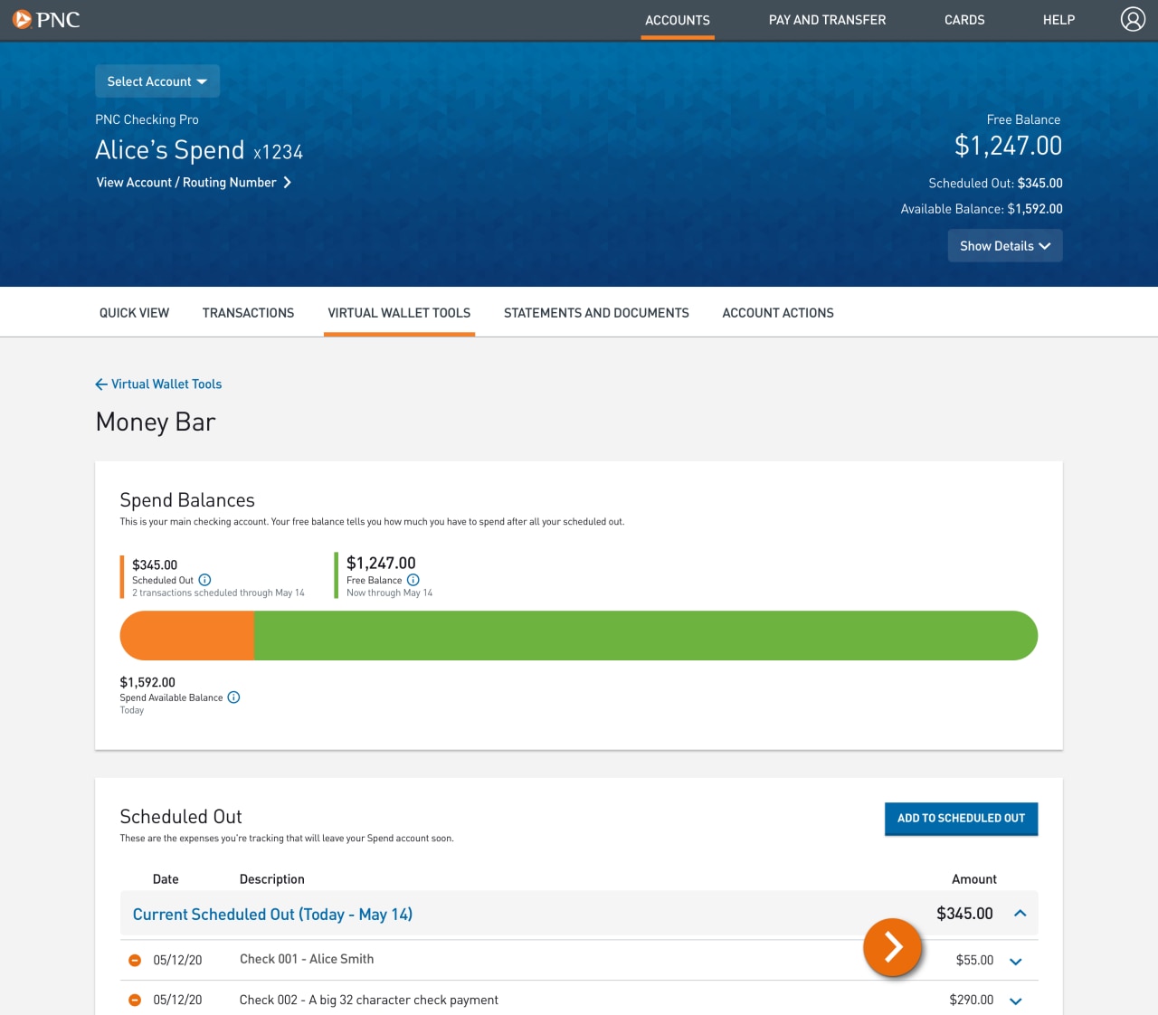 Screenshot of the Virtual Wallet Money Bar page​