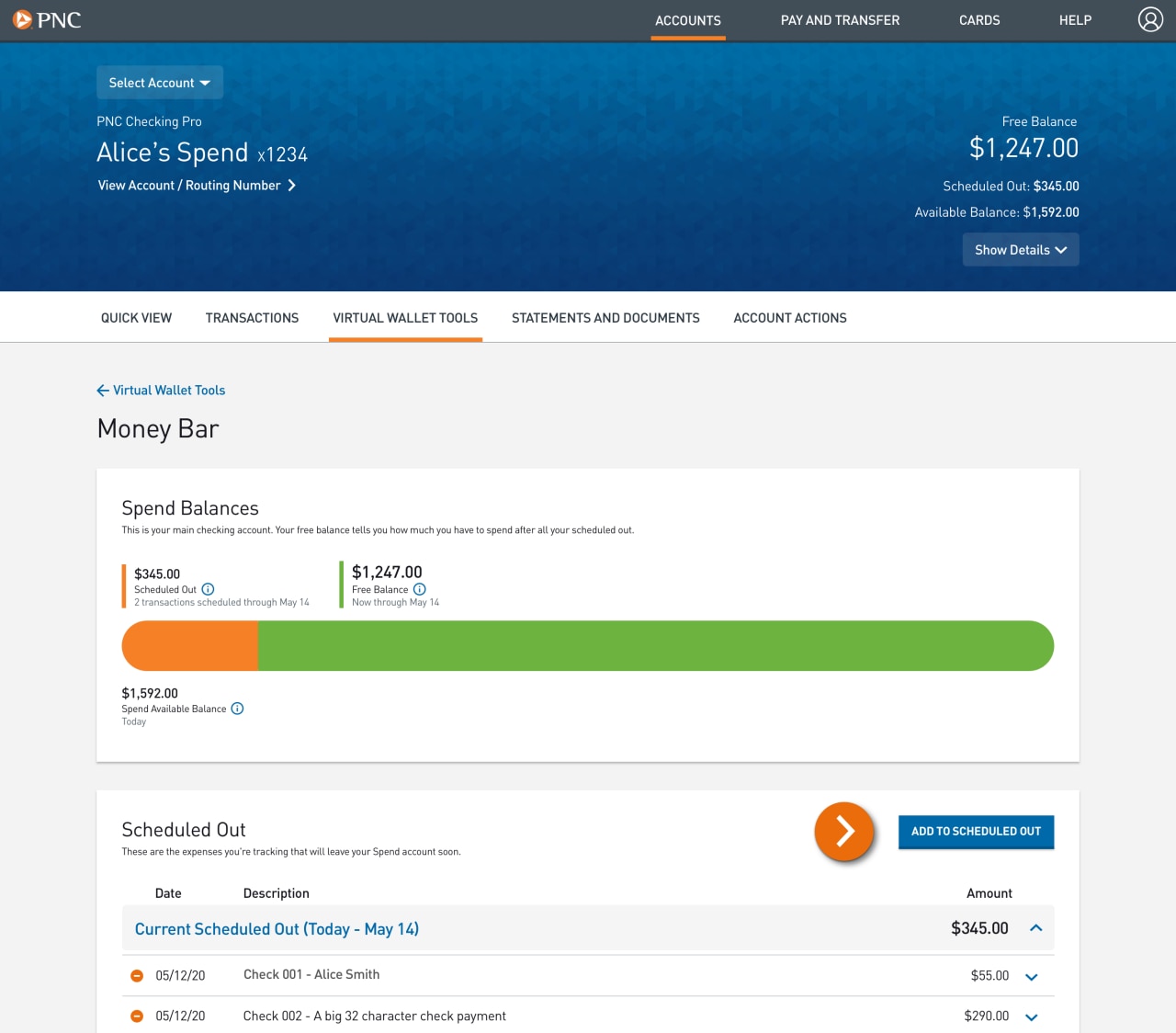 Screenshot of the Virtual Wallet Money Bar page with focus on an expanded row in the Scheduled Out table​