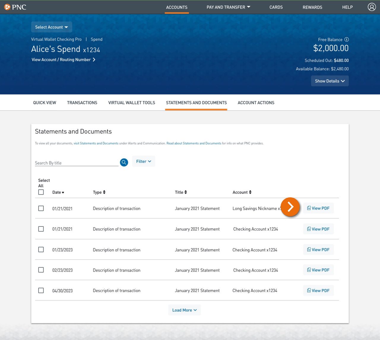 Screenshot of the Statements and Documents screen