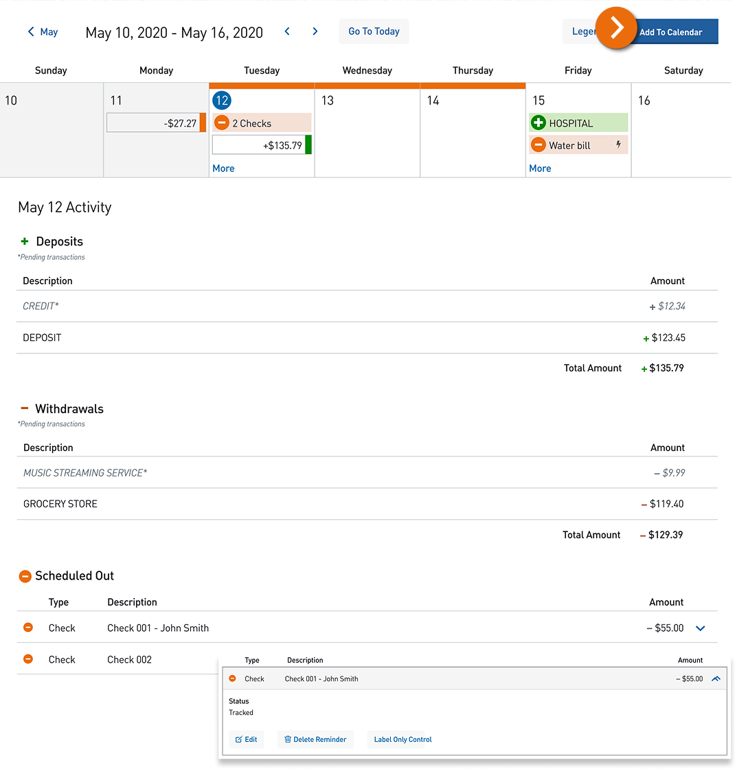 Screenshot of the Virtual Wallet Calendar week view displaying deposits, withdrawals, and Scheduled Out items with focus on an expanded table row.