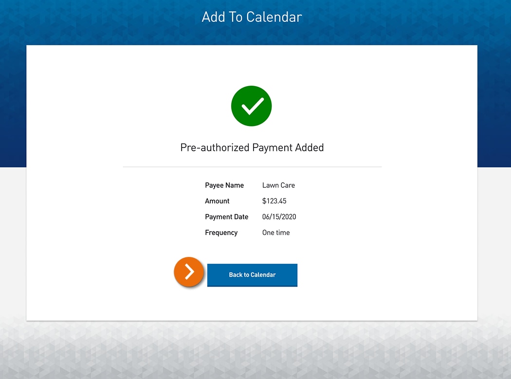 Screenshot of the Add to Calendar form displaying a success message confirming Pre-authorized Payment Added