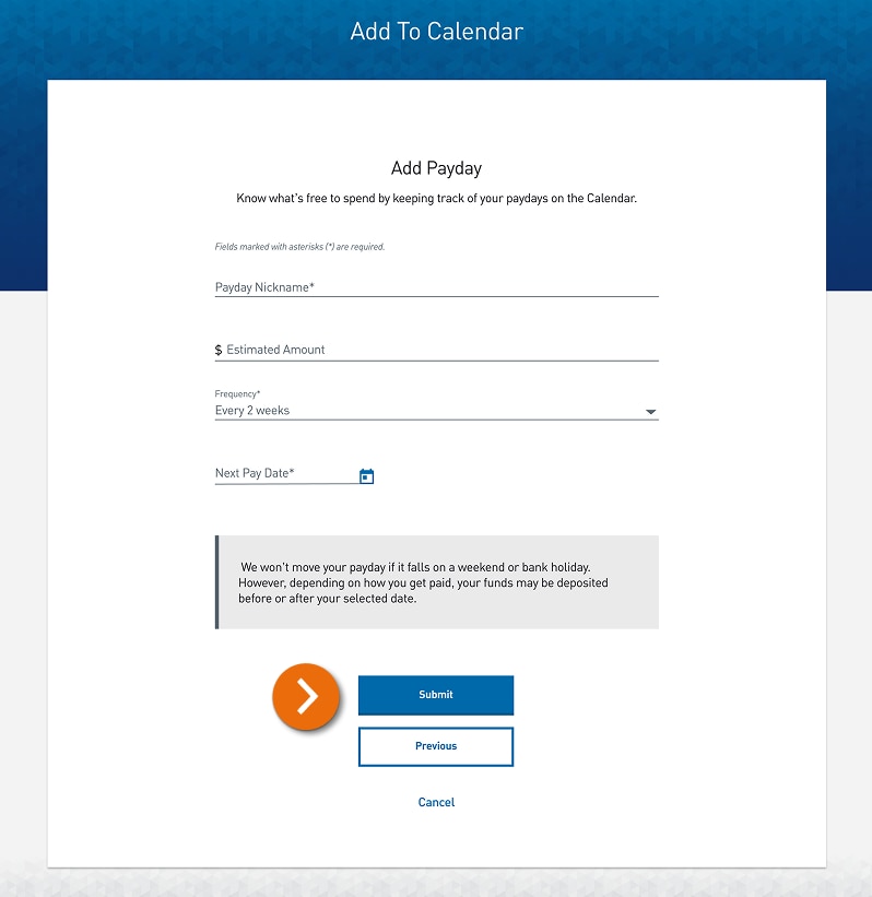Screenshot of the Add to Calendar form with input fields for the payday details.
