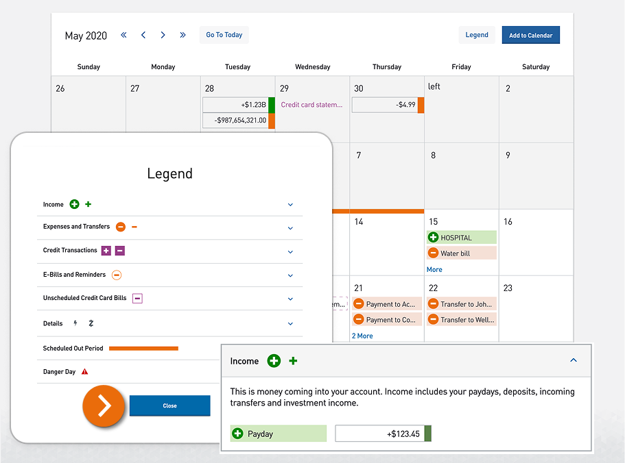 Screenshot of the Virtual Wallet Calendar page with focus on the Calendar Legend.