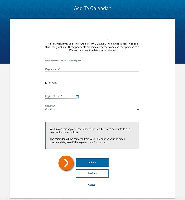Screenshot of the Add to Calendar form with input fields for the pre-authorized payment details.