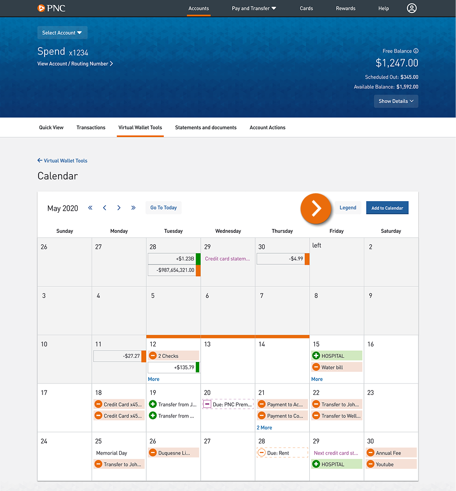 Screenshot of the Virtual Wallet Calendar page.