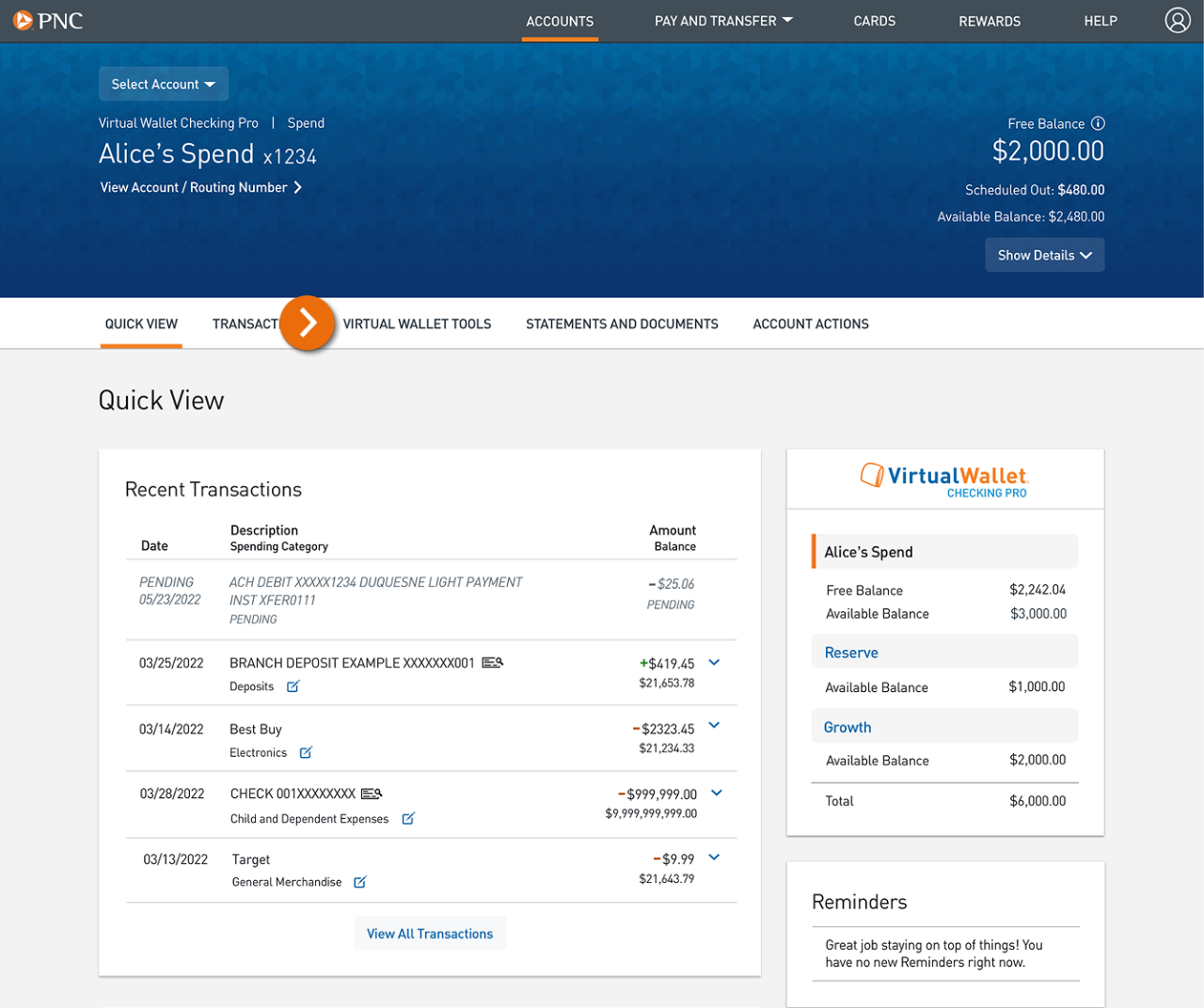Screenshot of the Quick View page.