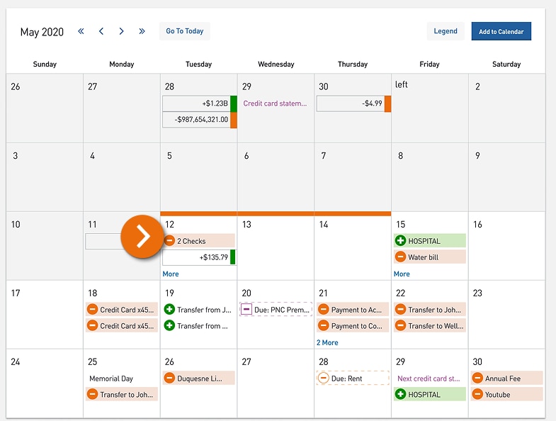 Screenshot of the Virtual Wallet Calendar page.