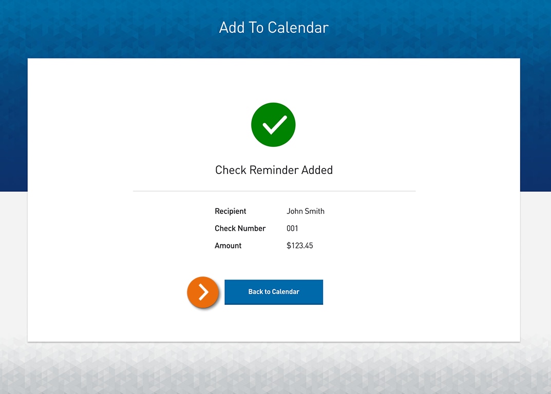 Screenshot of the Add to Calendar form displaying a success message confirming Check Reminder Added