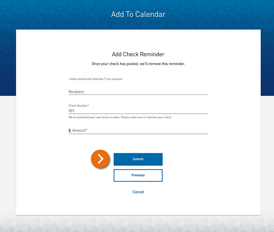 Screenshot of the Add to Calendar form with input fields for the check details.