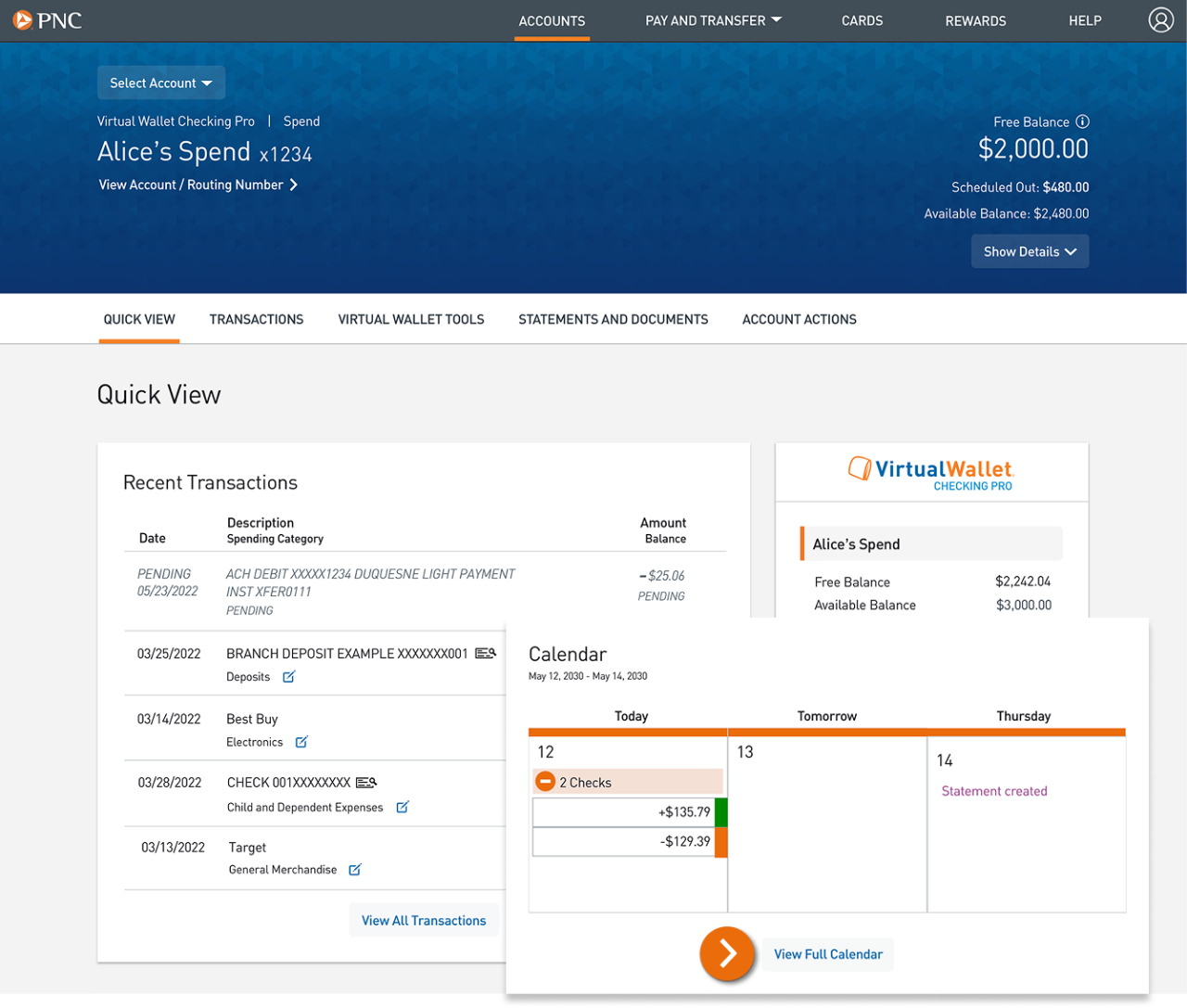 Screenshot of the Quick View page with focus on the Calendar.