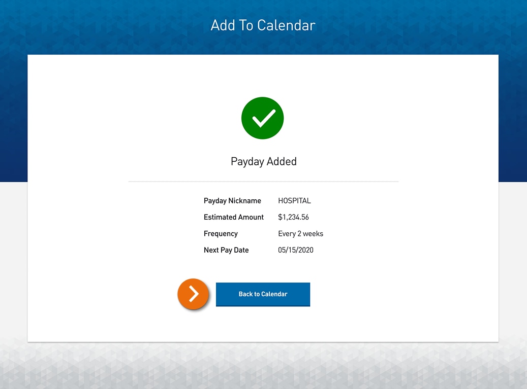 Screenshot of the Add to Calendar form displaying a success message confirming Payday Added.