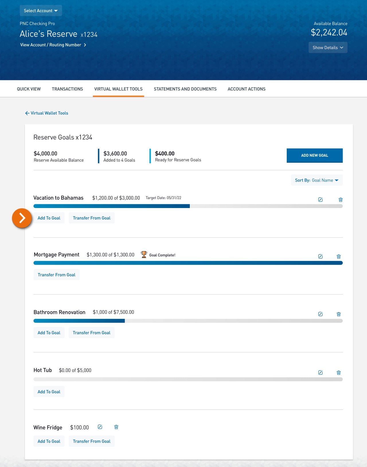 Screenshot of a Reserve account’s Goals landing page with a listing of created Goals and their progress.​