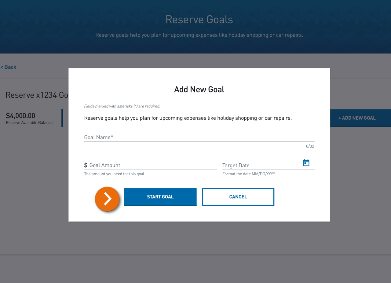 Screenshot of a Reserve account’s New Goal creation popup.​