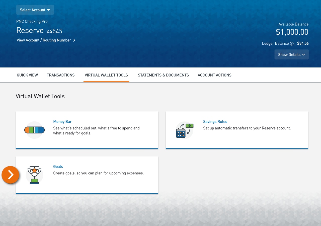 Screenshot of an account’s Virtual Wallet tools, with links to the Money Bar, Calendar, and Goals pages.​