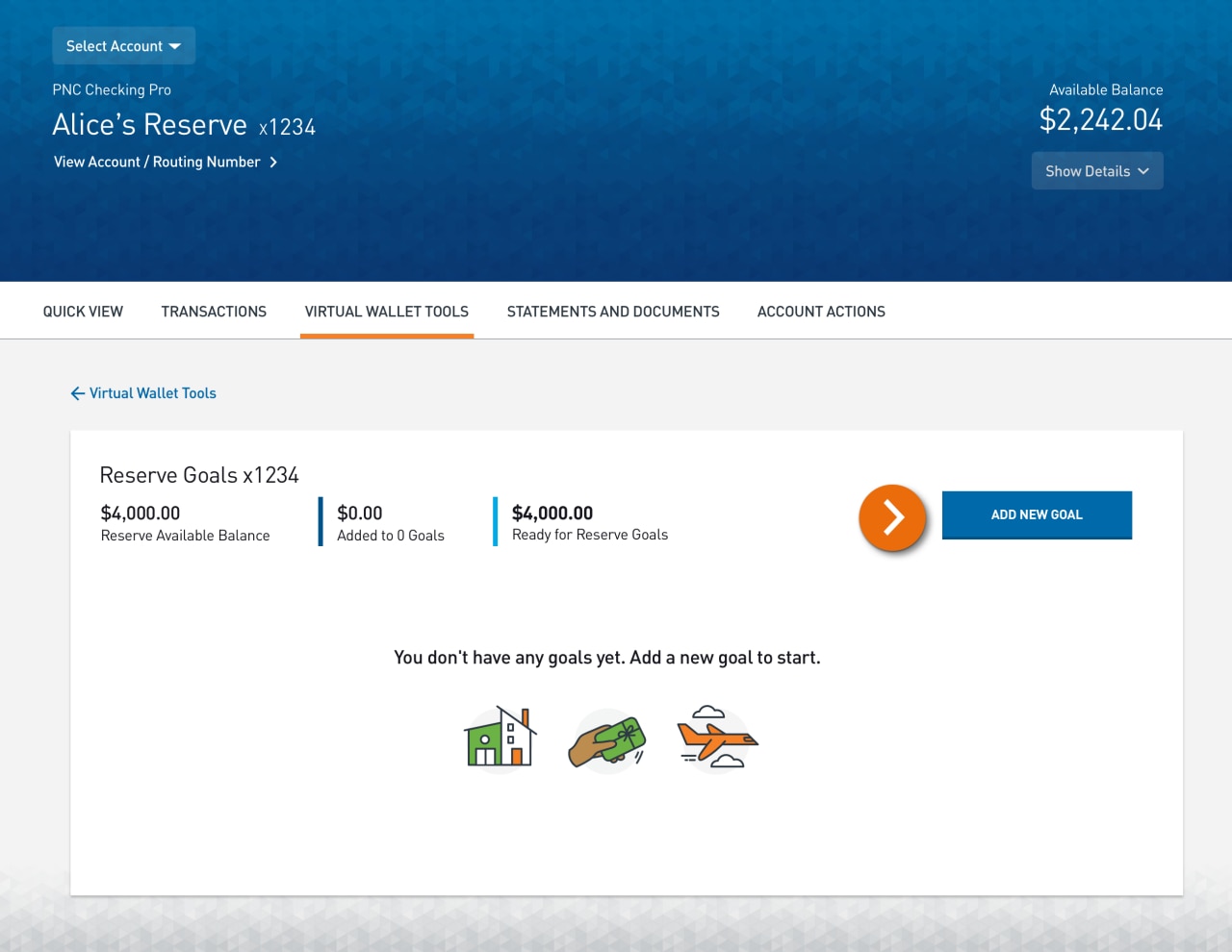 Screenshot of an account’s Virtual Wallet Goals landing page, with the Add New Goal button.​