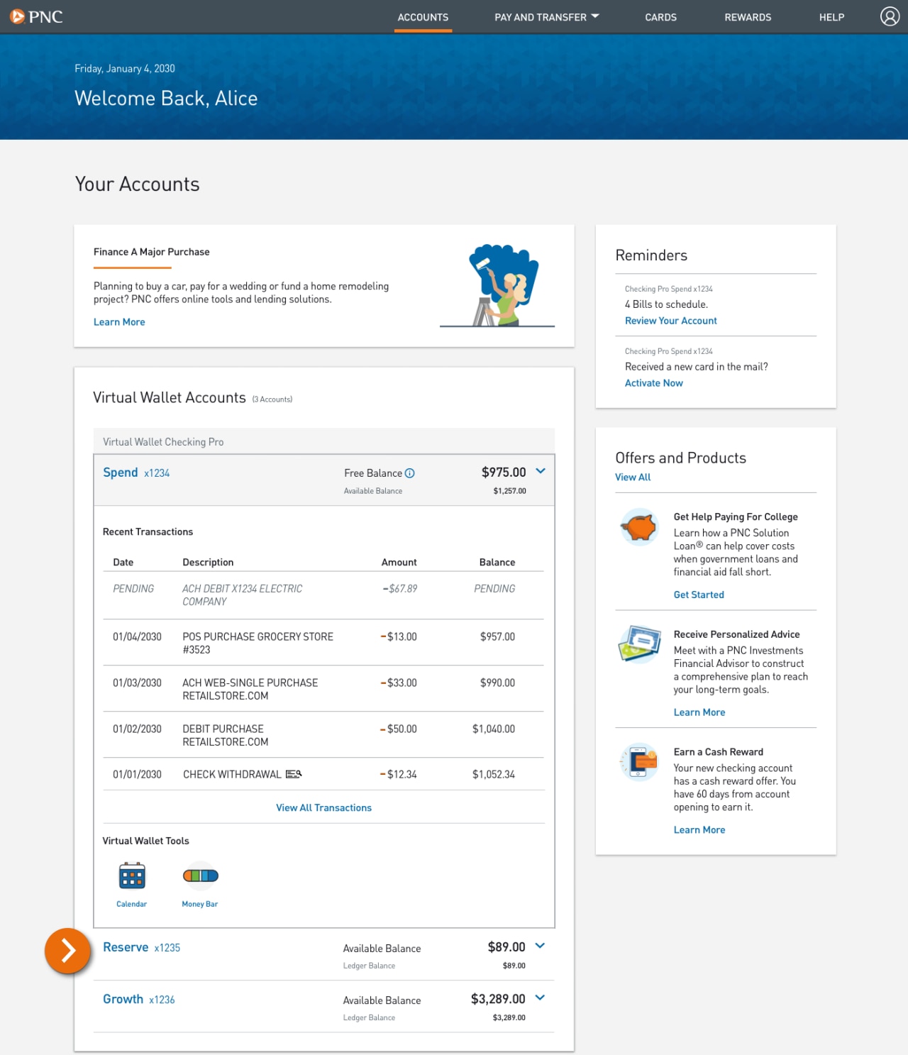 Accounts landing page