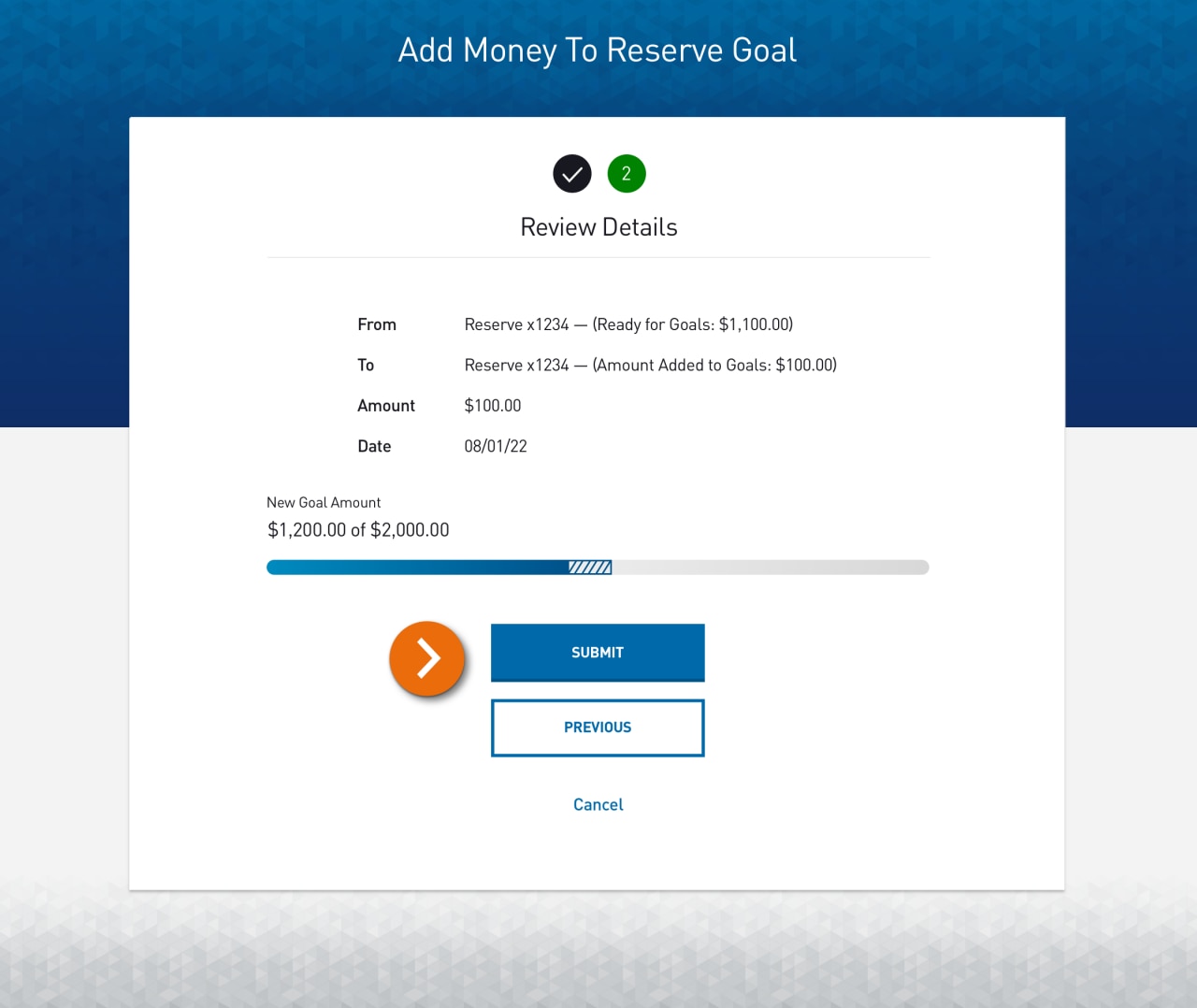 Screenshot of the Review step of the Add Money to Goal wizard, with the progress to target bar and entered information.​