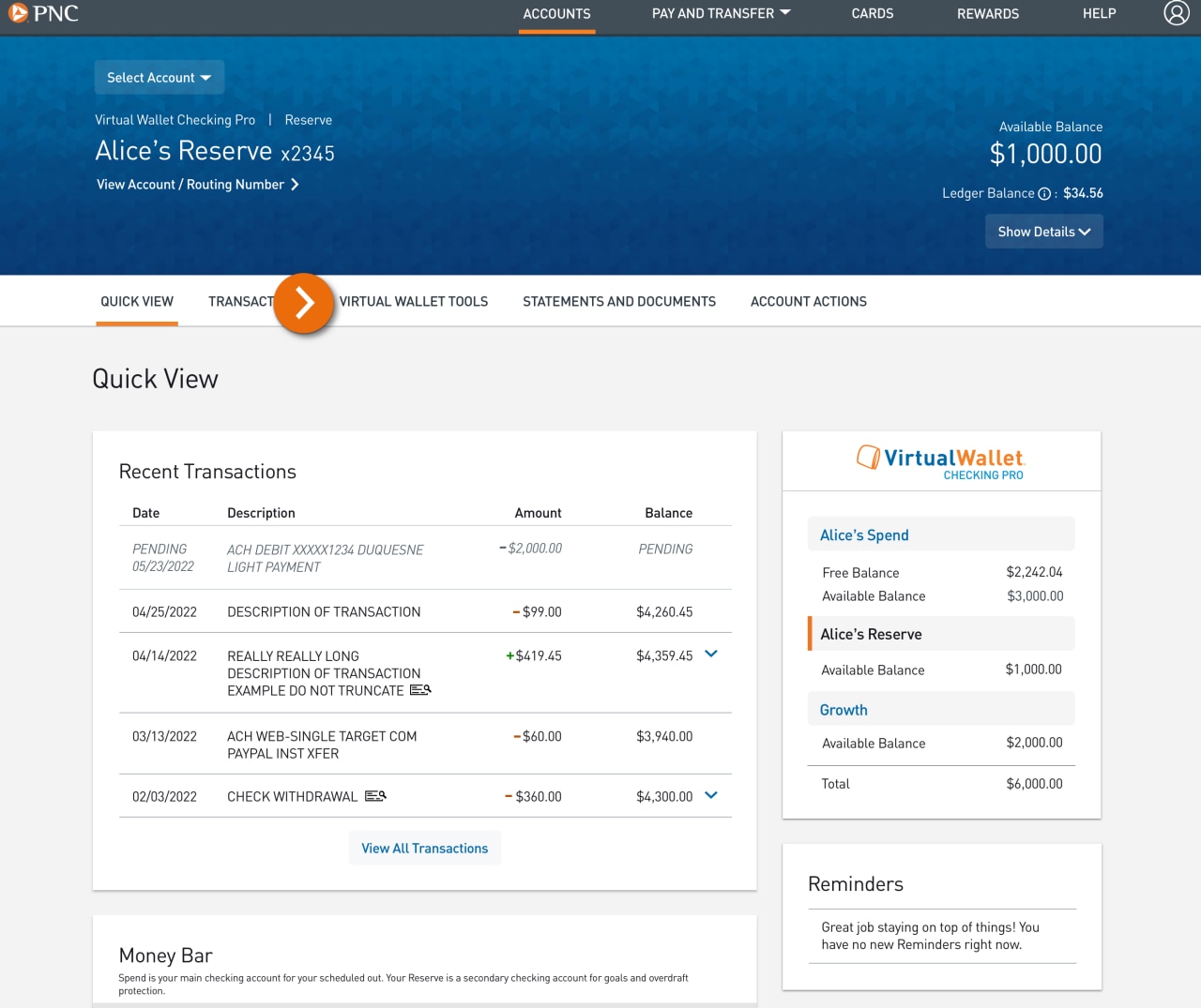Screenshot of a Virtual Wallet Reserve account’s Quick View page, showing recent transactions and a summary of account balances.​