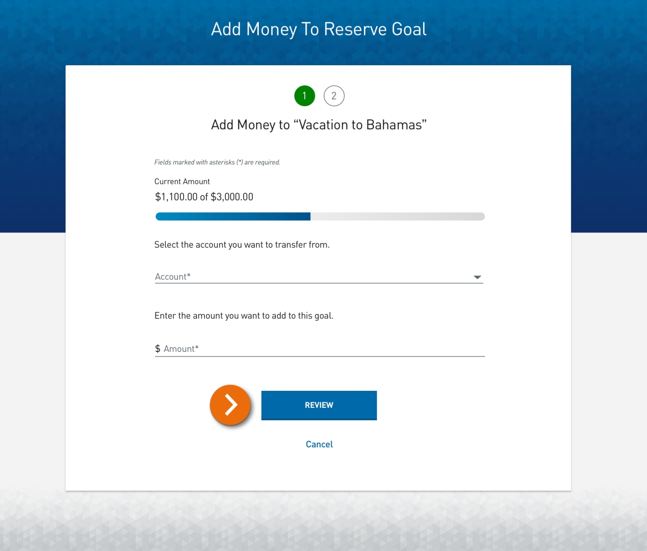  Screenshot of the first step of the Add Money to Goal wizard, with “From” account selection field, and amount entry field.​