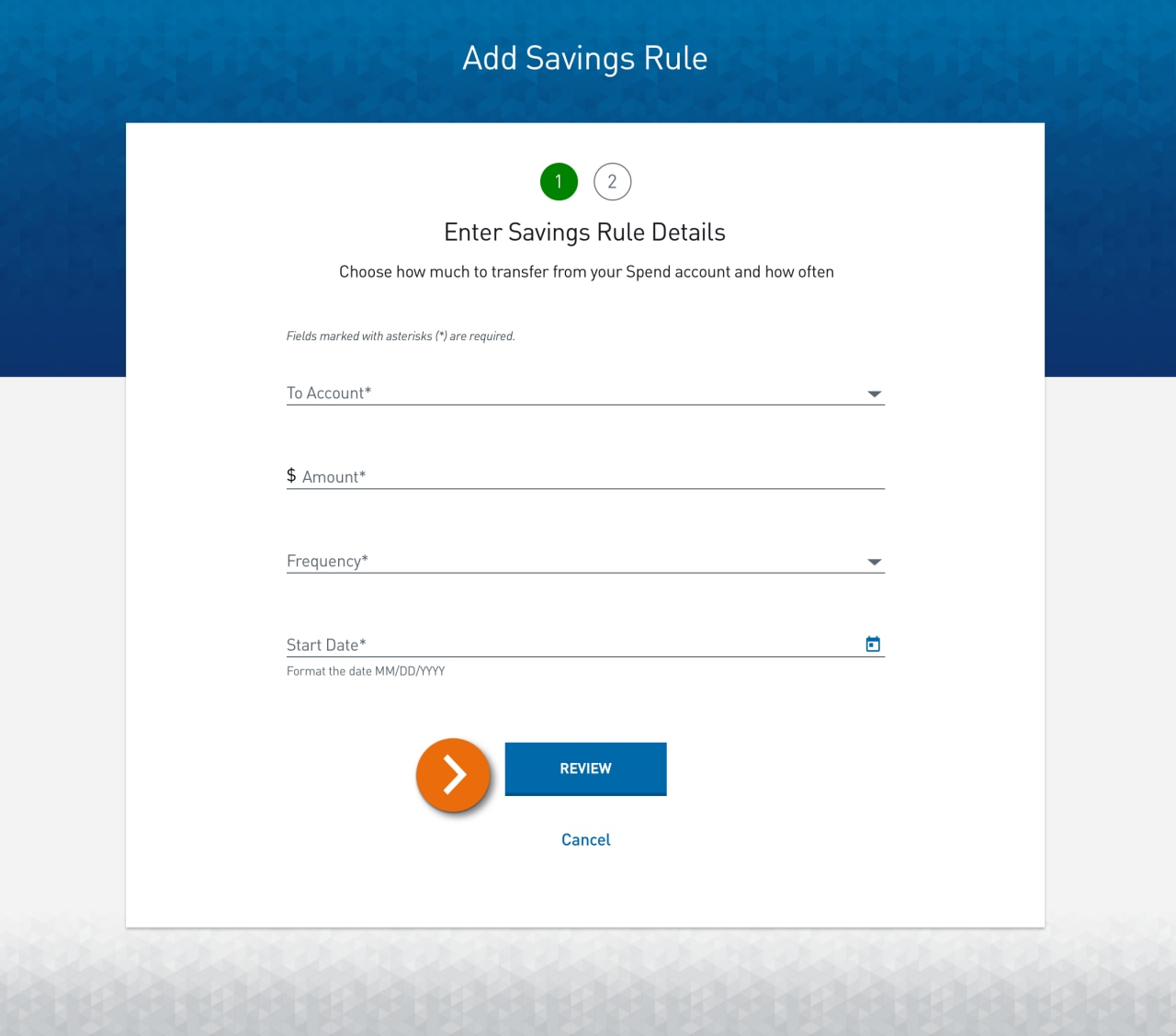 Screenshot of the first step in creating a savings rule, with entry fields for the account, amount, date, and frequency.​