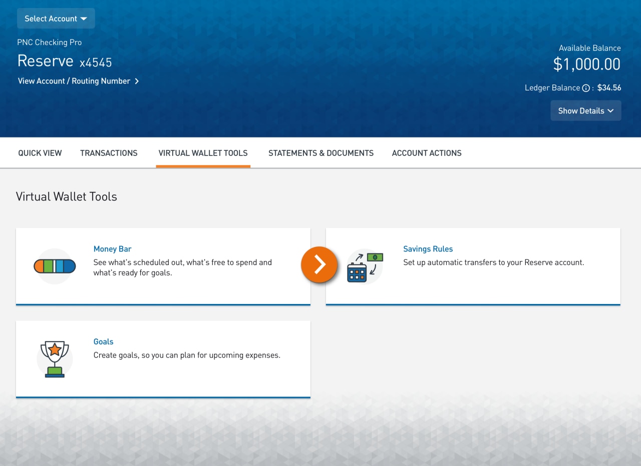 Screenshot of an account’s Virtual Wallet tools, with links to the Money Bar, Rules, and Goals pages.​
