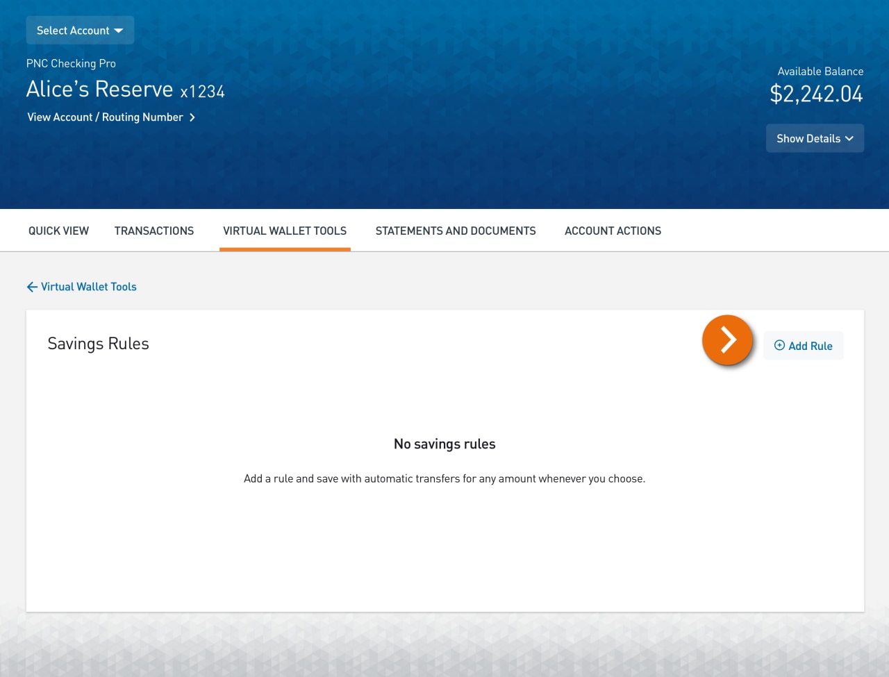 Screenshot of an account’s Virtual Wallet Savings Rules landing page, with the Add Rule button.​