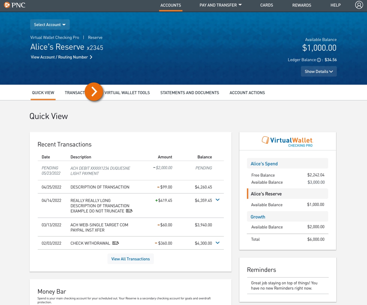 Screenshot of a Virtual Wallet Reserve account’s Quick View page, showing recent transactions and a summary of account balances.​
