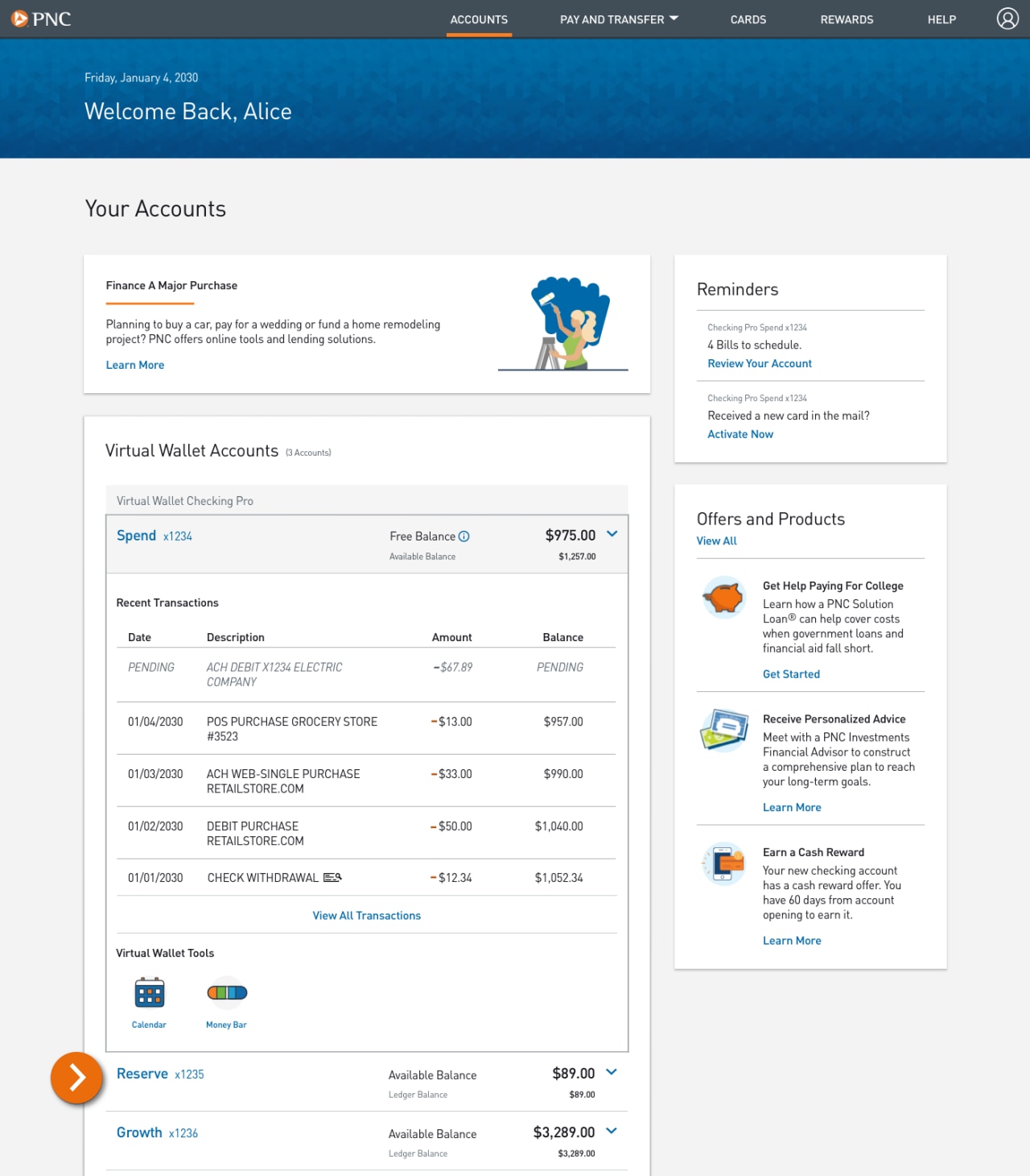 Screenshot of the Accounts landing page.