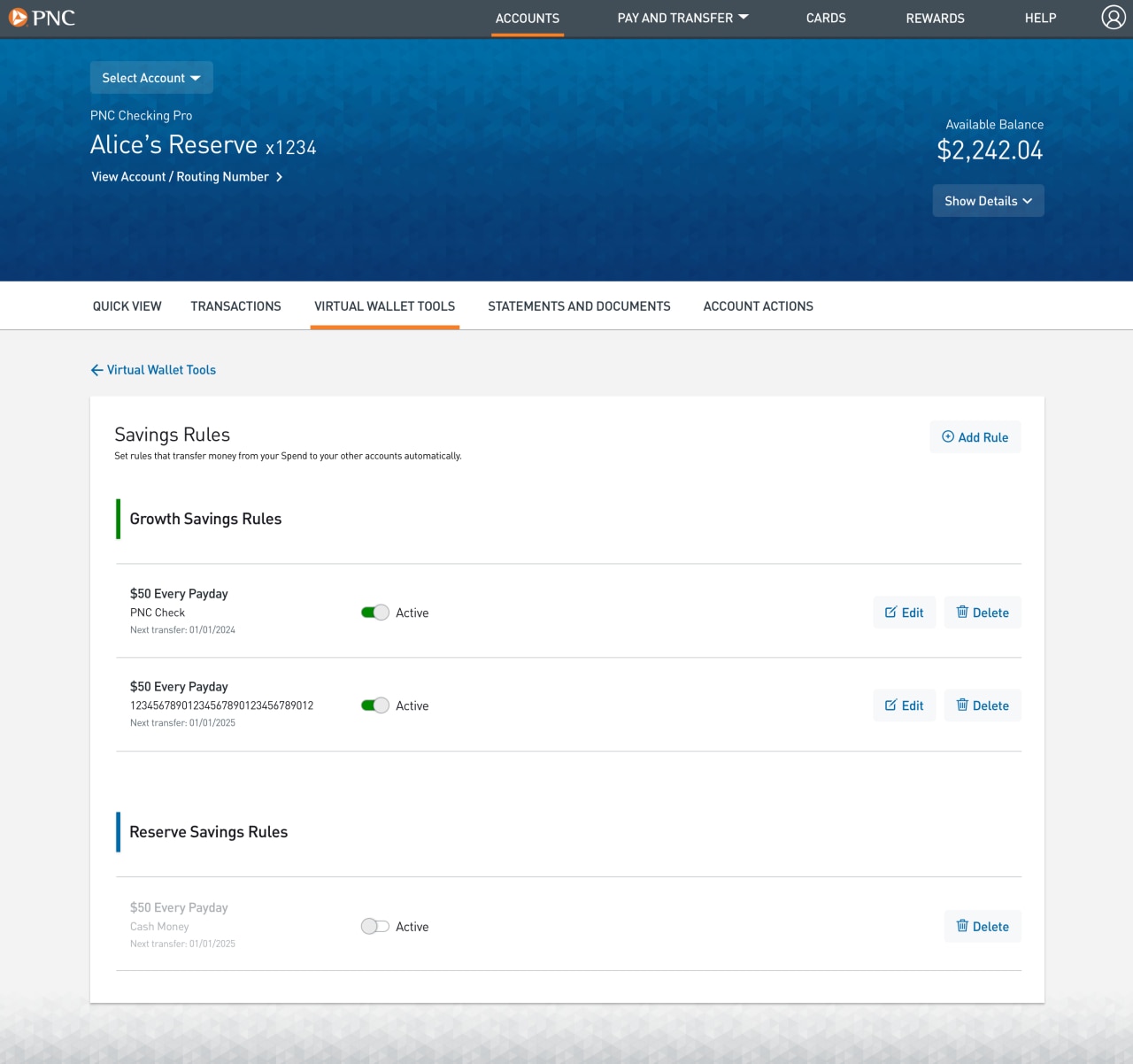 Screenshot of the Savings Rules landing page, with a list of all the rules created and actions the user can take to manage them.​