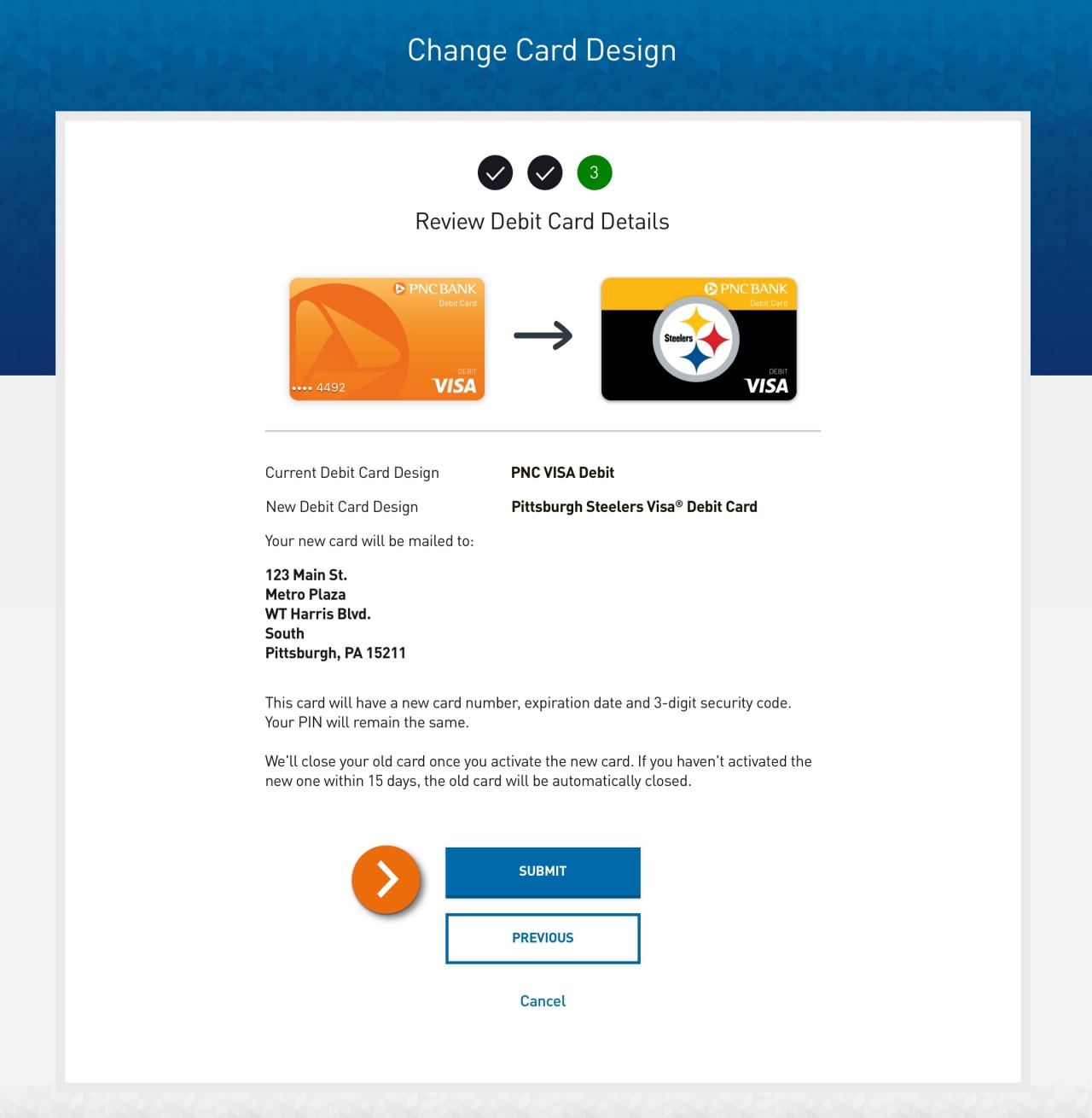 Screenshot of Step 3, Review Debit Card Details, of the change card design process​