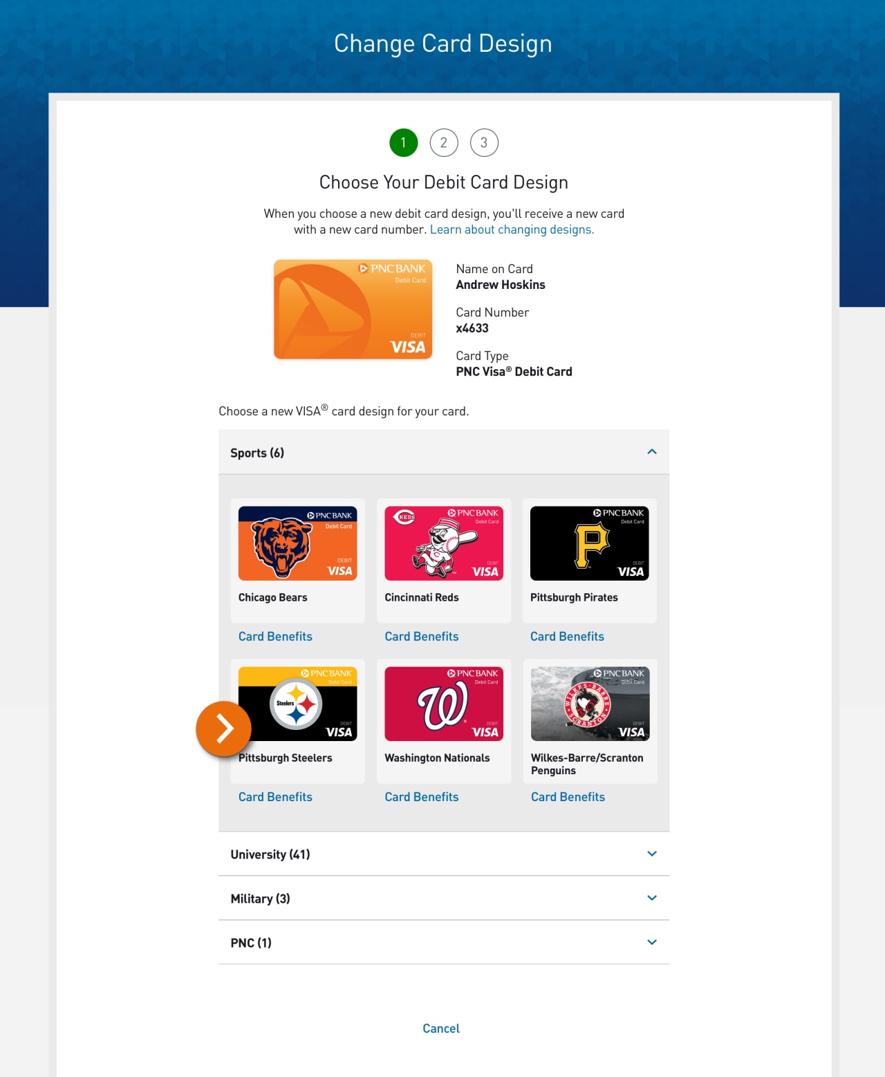 Screenshot of Step 1, Choose Your Debit Card Design, of the change card design process​